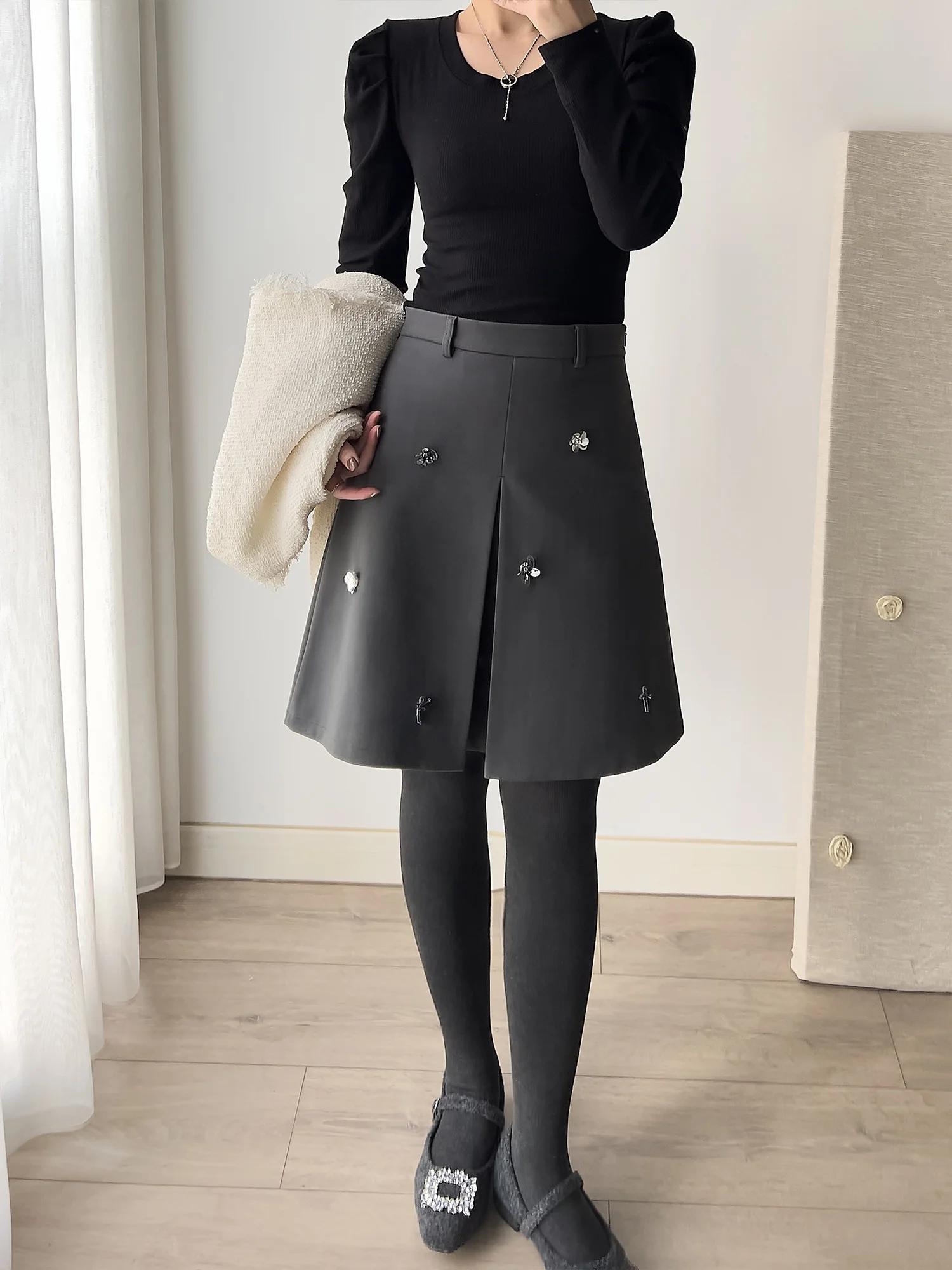 

High Waist A-Line Skirt for Women Casual ey Embellied Versatile Design Commute Friendly Skirts Women's Faion