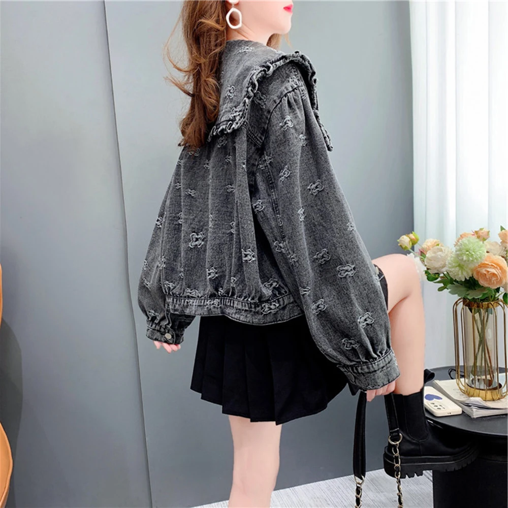 Korean Style Sweet Ruffles Women\'s Short Denim Jacket Ladies Peter Pan Collar Retro Jean Coat For Women Long Sleeve Outwear Tops