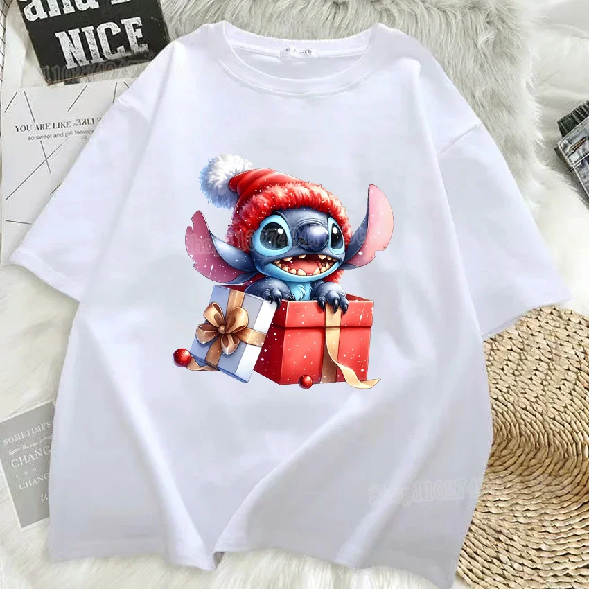 Christmas Disney Stitch T-shirt Cotton Short sleeved Top Xmas Day Printed Decoration Summer o Neck Breathable Clothing