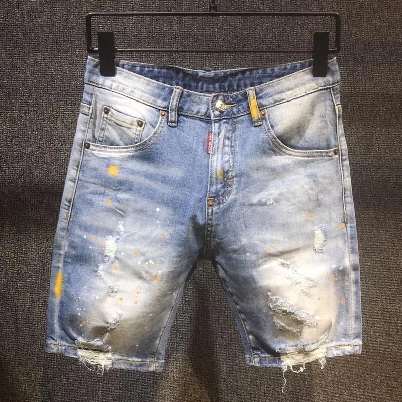 

Spring and Summer New Fashion Trend Hole Straight Leg Stretch Denim Shorts For Men Casual Loose Retro Sports Denim Shorts