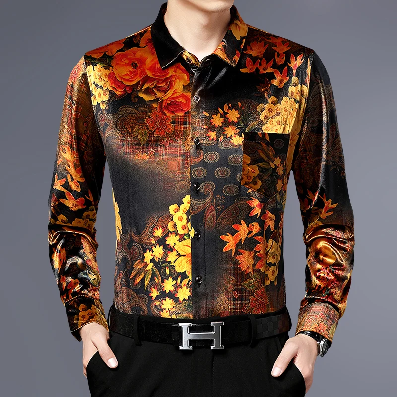 

Men's Flowers Printing Velour Clothing Autumn Long Sleeve Silk Velvet Shirts Male Turn Down Collar Gold Velvet Dress Shirts