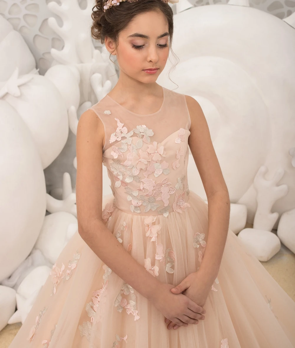 

Customized Flower Girl Dress For Wedding Tulle Puffy Applique Floor Length Elegant Kids Birthday Party First Communion Ball Gown