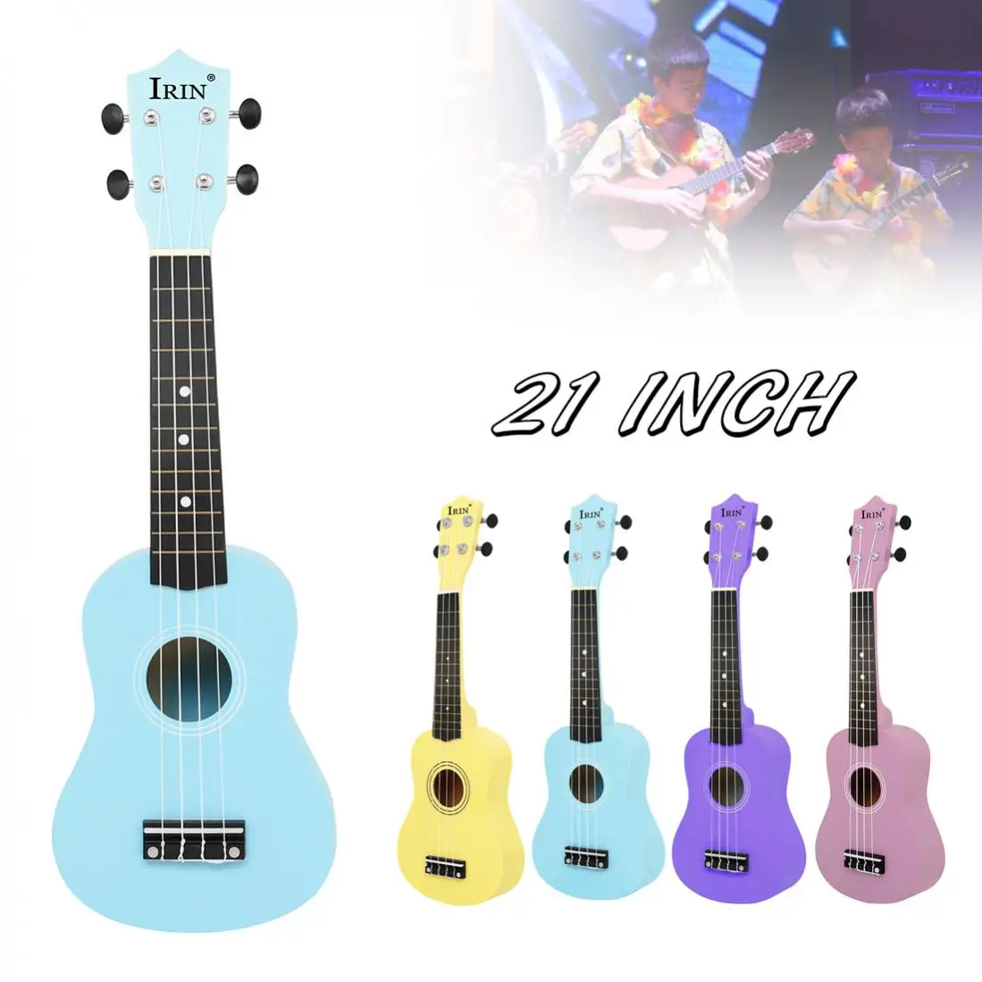 

21 Inch Wood Soprano Ukulele for Kids and Beginners, 12 Frets Colorful 4 Strings Small Guitar