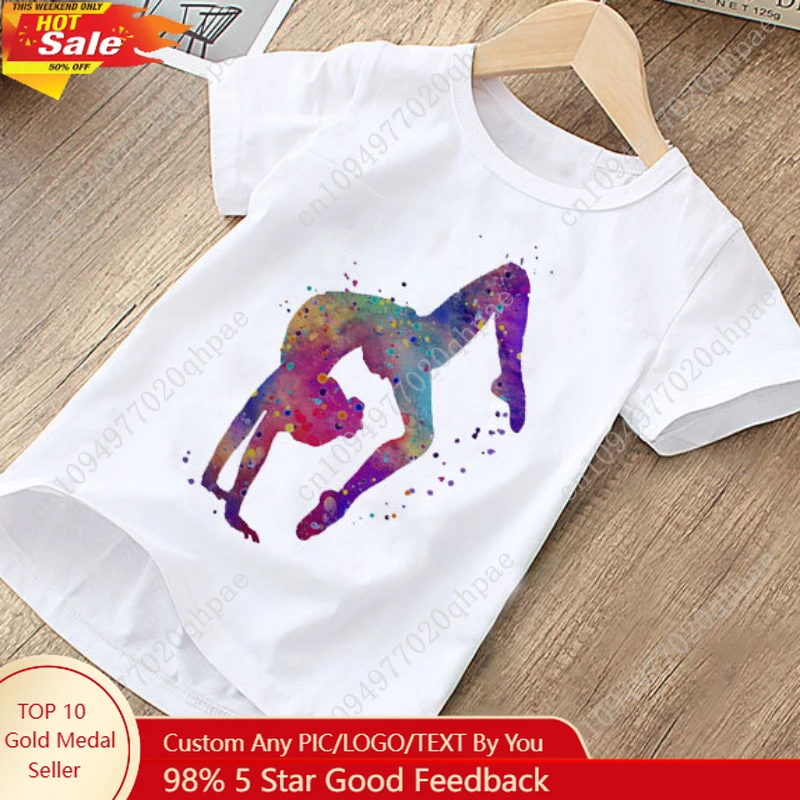 

New Children's Fashion Ballet Print Children's Short-sleeved T-shirt Girls White Base Shirt Top Tide Kids Clothes