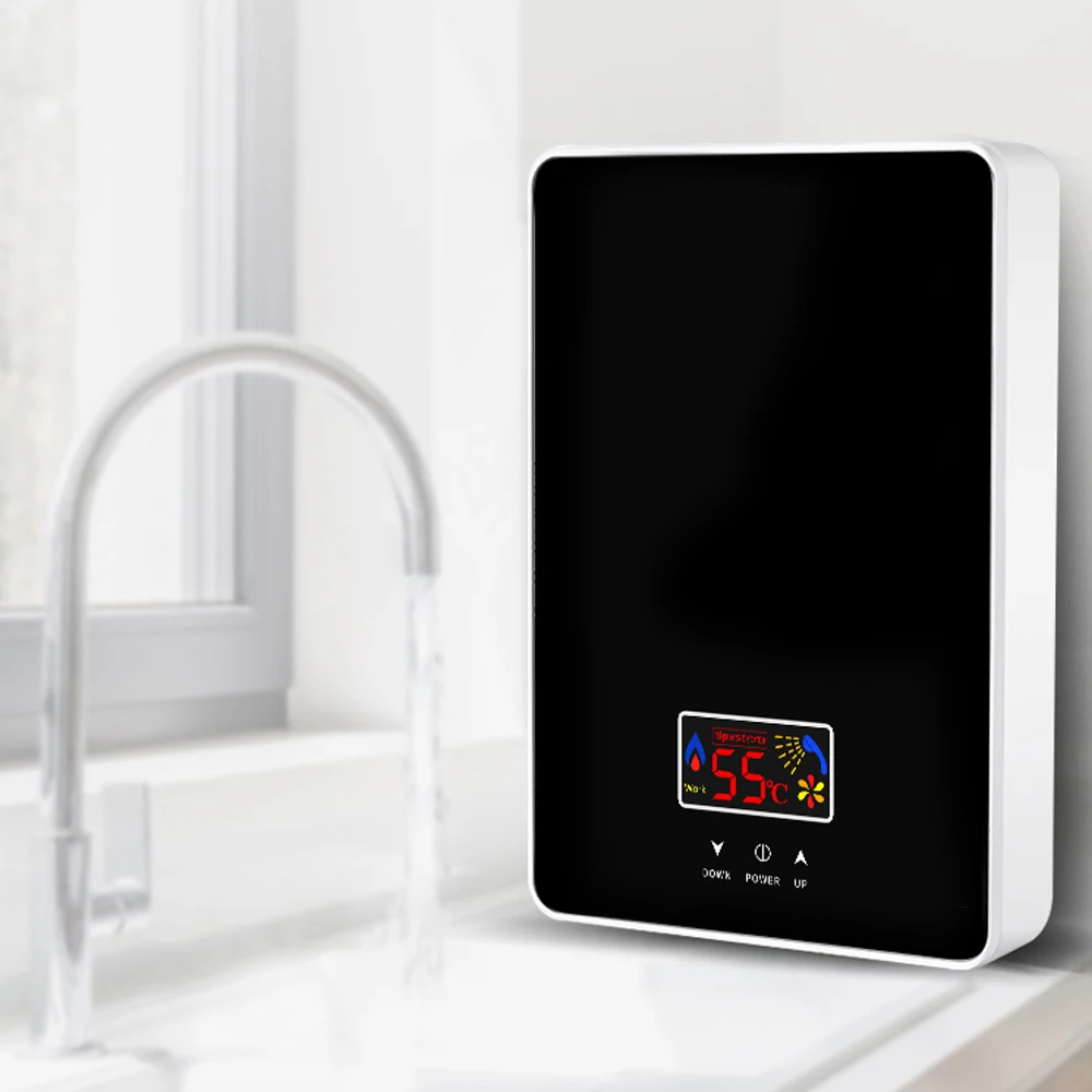 Calentador de agua eléctrico instantáneo sin depósito, calentador de agua caliente de 220V y 6000W con pantalla LCD, para baño y cocina