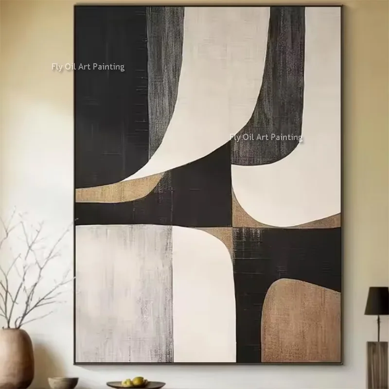 Black White Brown Abstract Canvas Thick Wall Art Simple Fashion Design For Room Decor Handpainted Beige Black Oil Painting