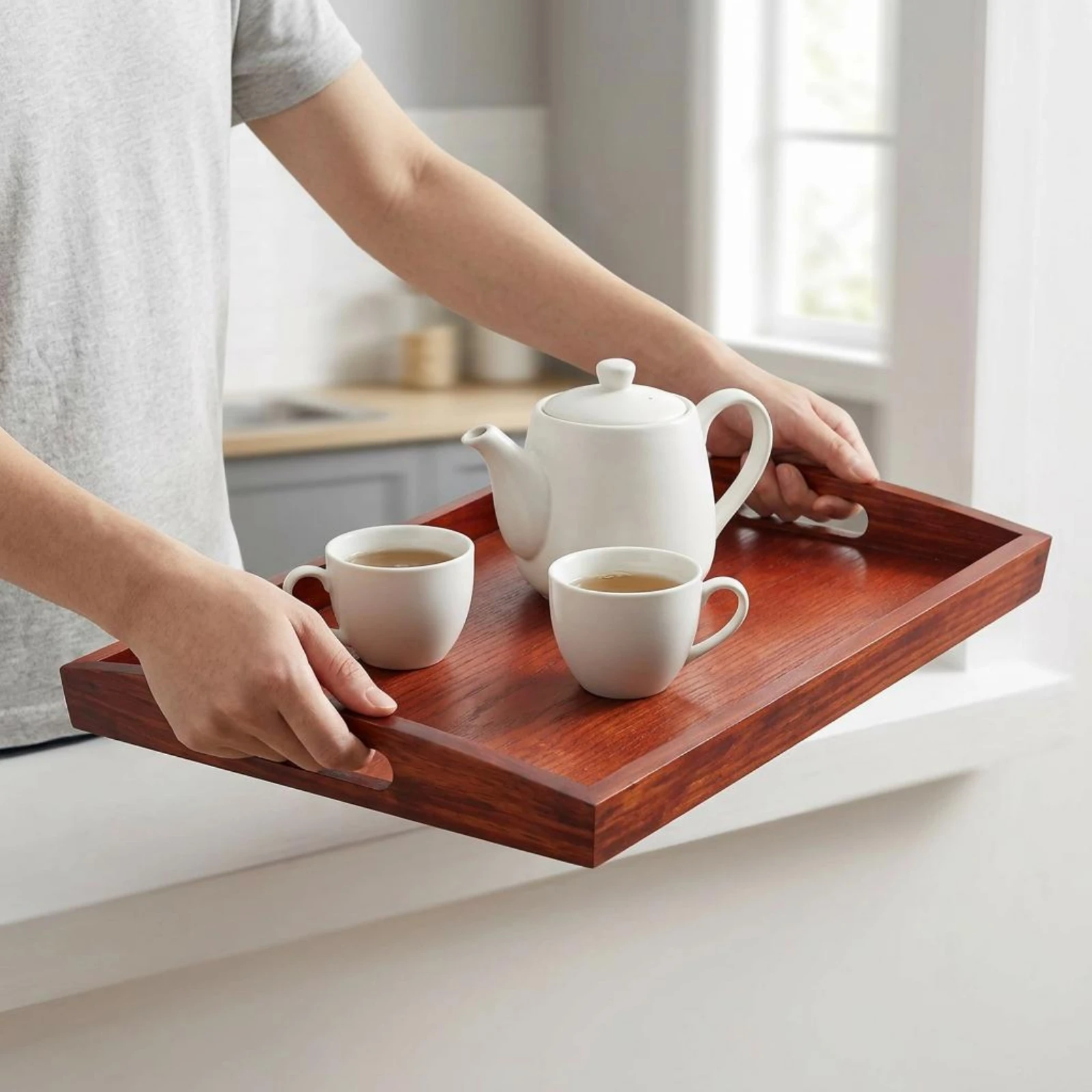 Wooden Serving Tray Cutout Handles Rectangular Serving Tray Homeware Natural Wood Grain Sturdy