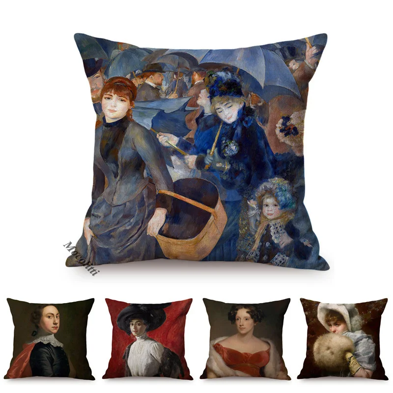 Elegant Lady Portrait Vintage Oil Painting Style Home Decor Cushion Cover Woman Funky Art Living Room Sofa Pillow Case cojines