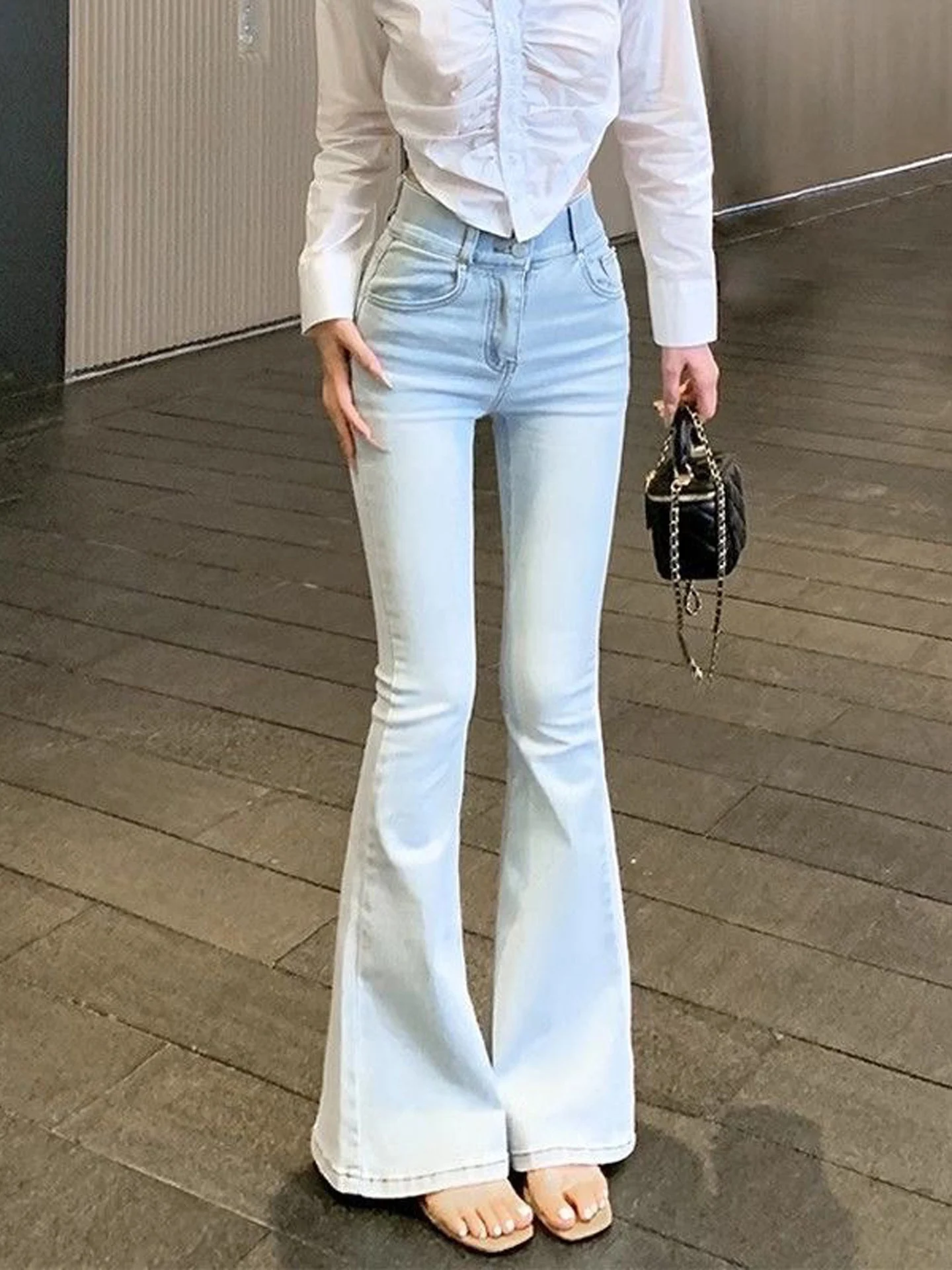 High Waist Bell Bottom Denim Jeans Women's Slim Fit Elastic Korean Style Light Blue Pure Desire Spicy Girl Jeans Autumn