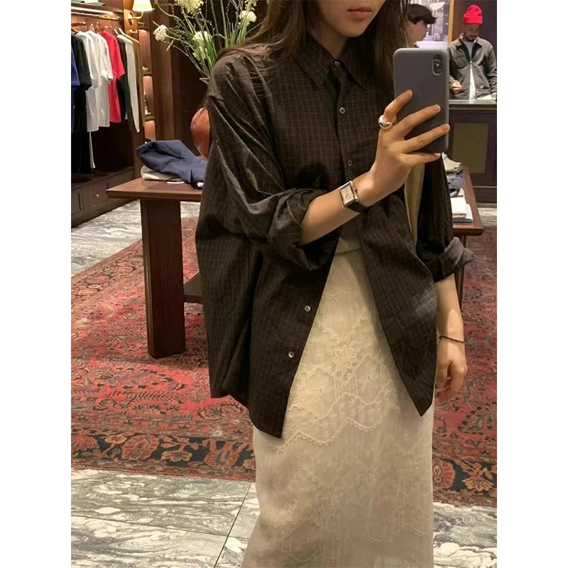 

Retro Art Dongda Gate 24 Autumn Lazy Loose Collar Casual Plaid Long Sve Women's irt Faionable Straight Cut Bubble Sve