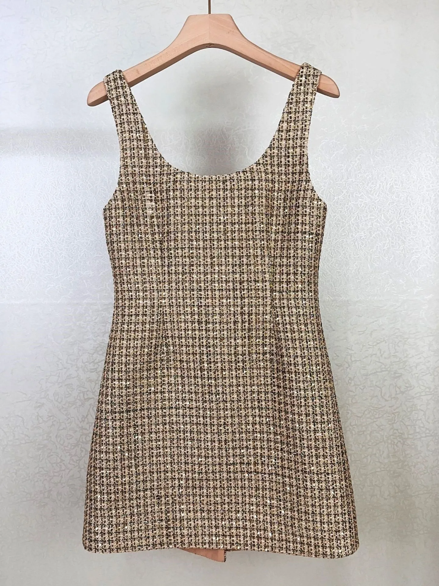 Vestido regata de lantejoulas feminino, peito único, decote em O, sem mangas, linha A, cintura alta, vintage, mini robe, outono, 2024