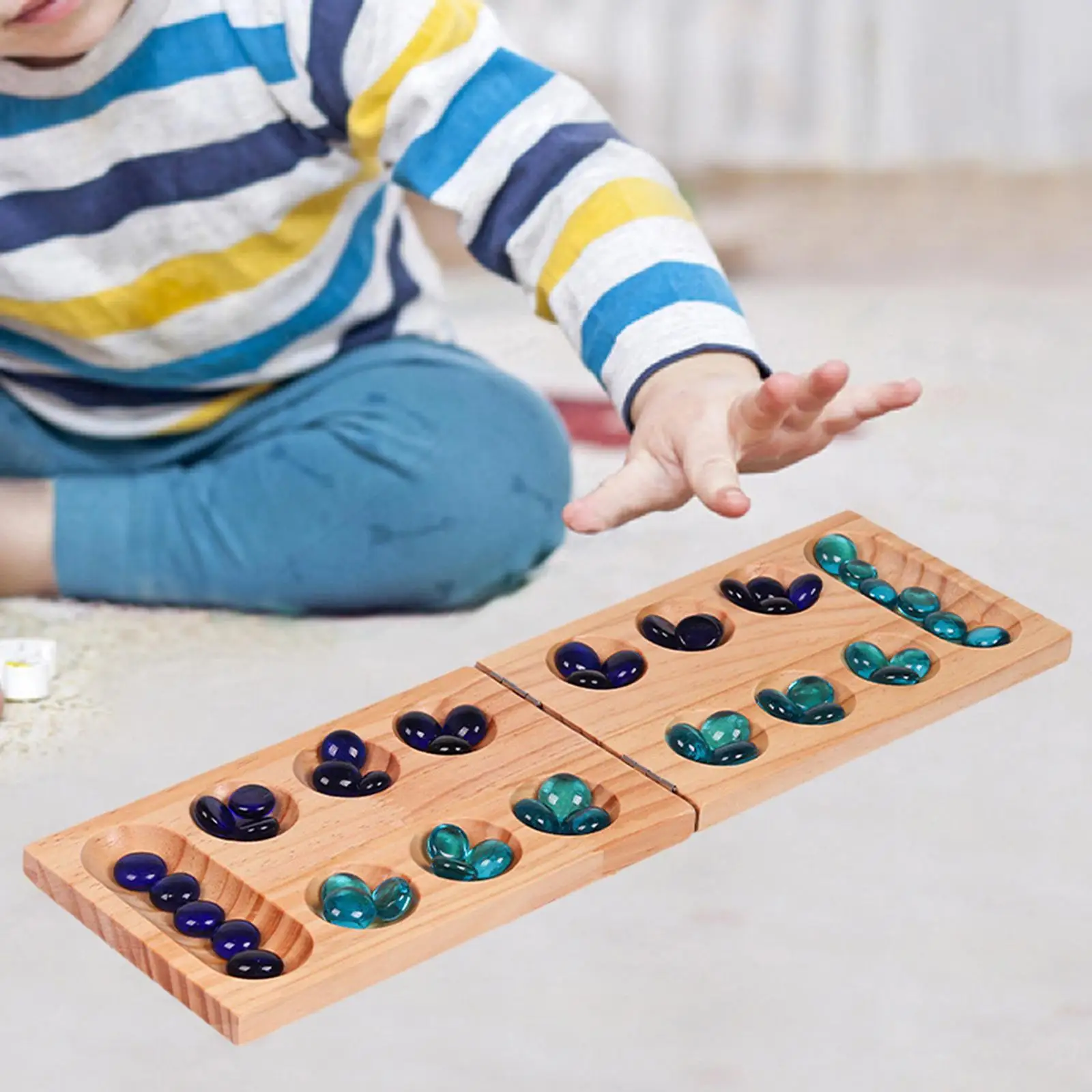 Wooden Classic Strategy Mancala Board Game Teen 2 Player Game Multi Color Beads,Folding Mancala Board Game Set for Kids,Party