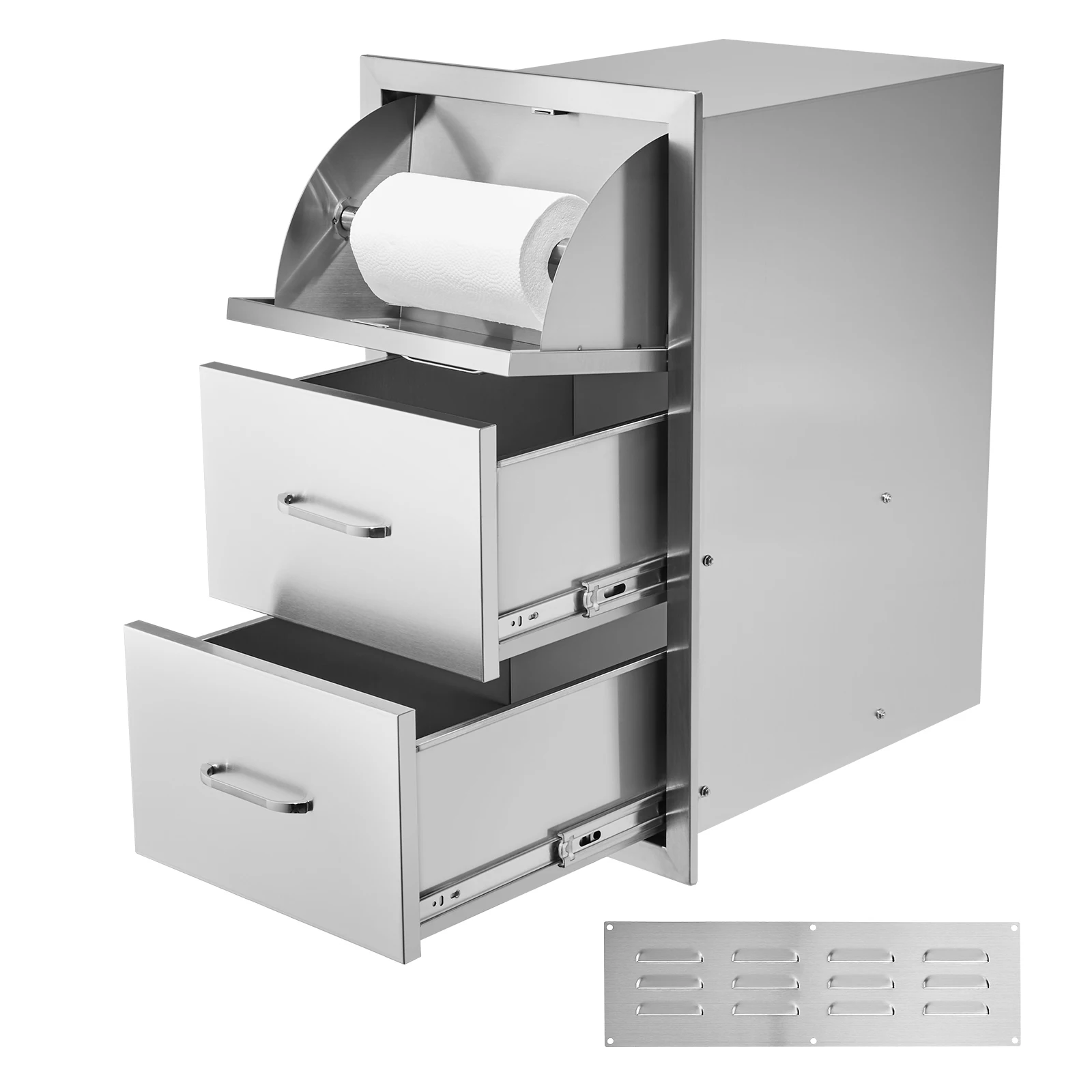 VEVOR 17W x 30H x 21D Inch Outdoor Kitchen Stainless Steel Double Access Drawers with Paper Towel Holder Combo for BBQ Island