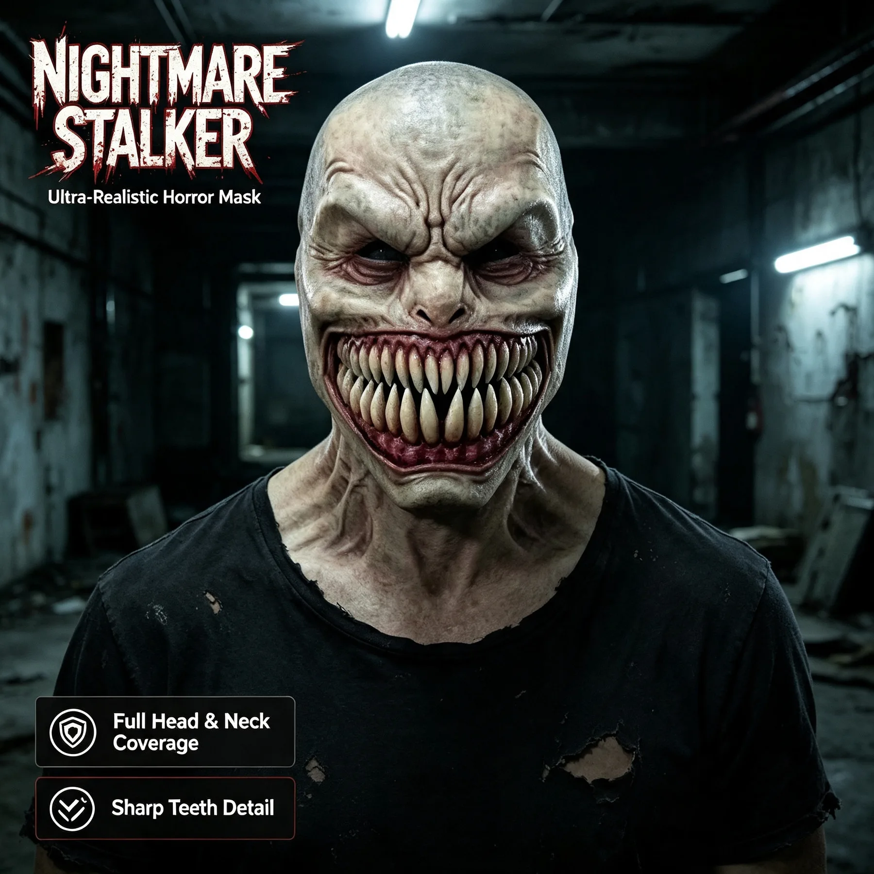 Scary Monster Full Head Mask Halloween Horror Latex Demon Mask Sharp Teeth Headgear Cosplay Costume Haunted House Party Prop