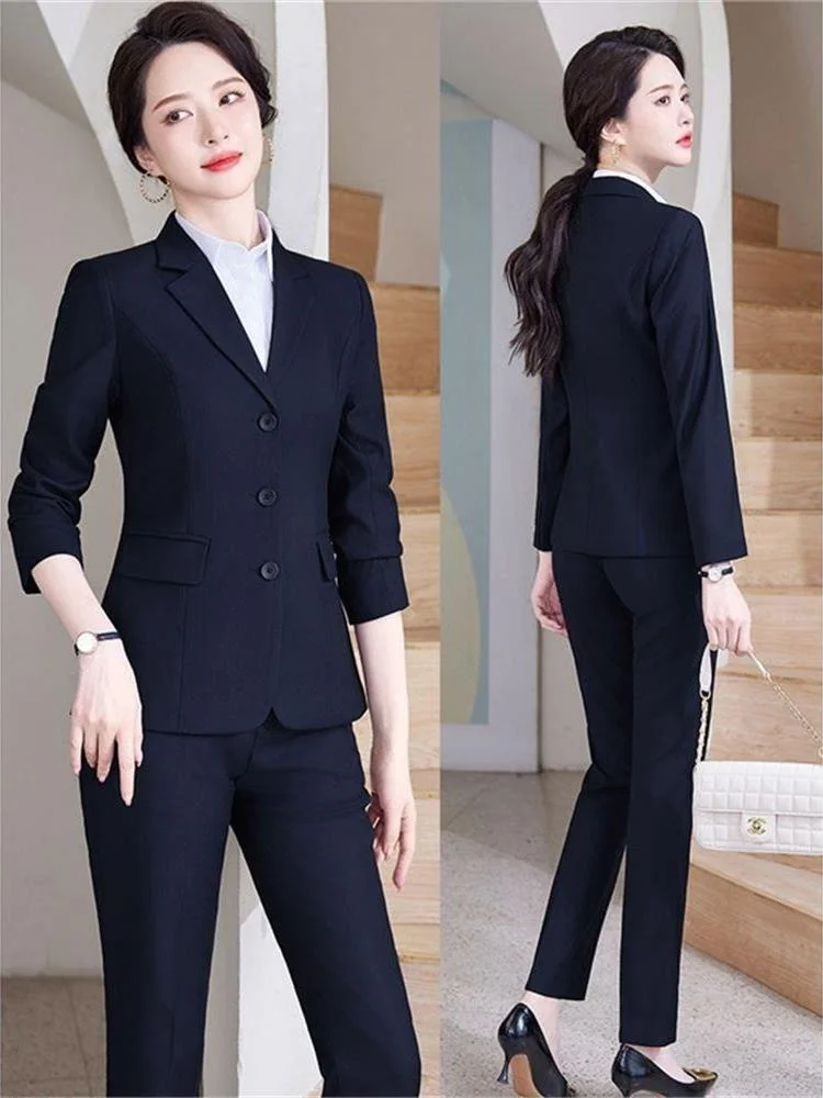 طقم بدلة نسائية صغير الحجم للربيع والخريف، زي رسمي للعمل، ملابس احترافية للمقابلات، بلوزة وبنطلون أنيق للمرأة العاملة