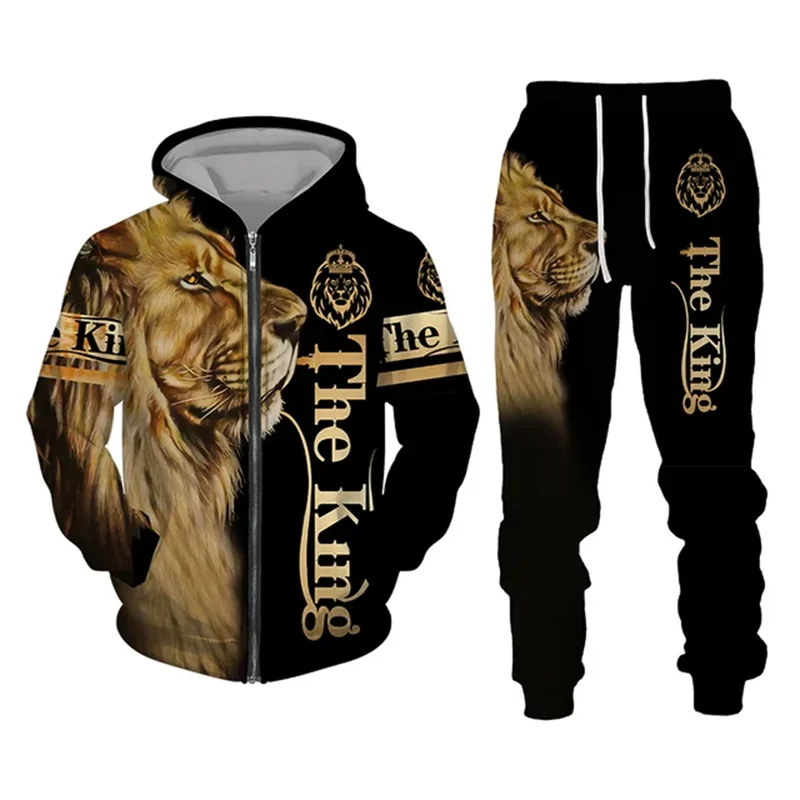 Felpa con cappuccio da uomo con Zip tuta con cappuccio completo Set Lion Graphic Zipper 2 pezzi sport con cappuccio sport Casual all\'aperto stampa