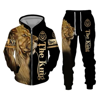 Męska bluza z kapturem z zamkiem błyskawicznym Pełny zestaw bluz z kapturem Lion Graphic Zipper 2-częściowy sportowy kaptur Outdoor Casual Sports 3D Print Streetwear