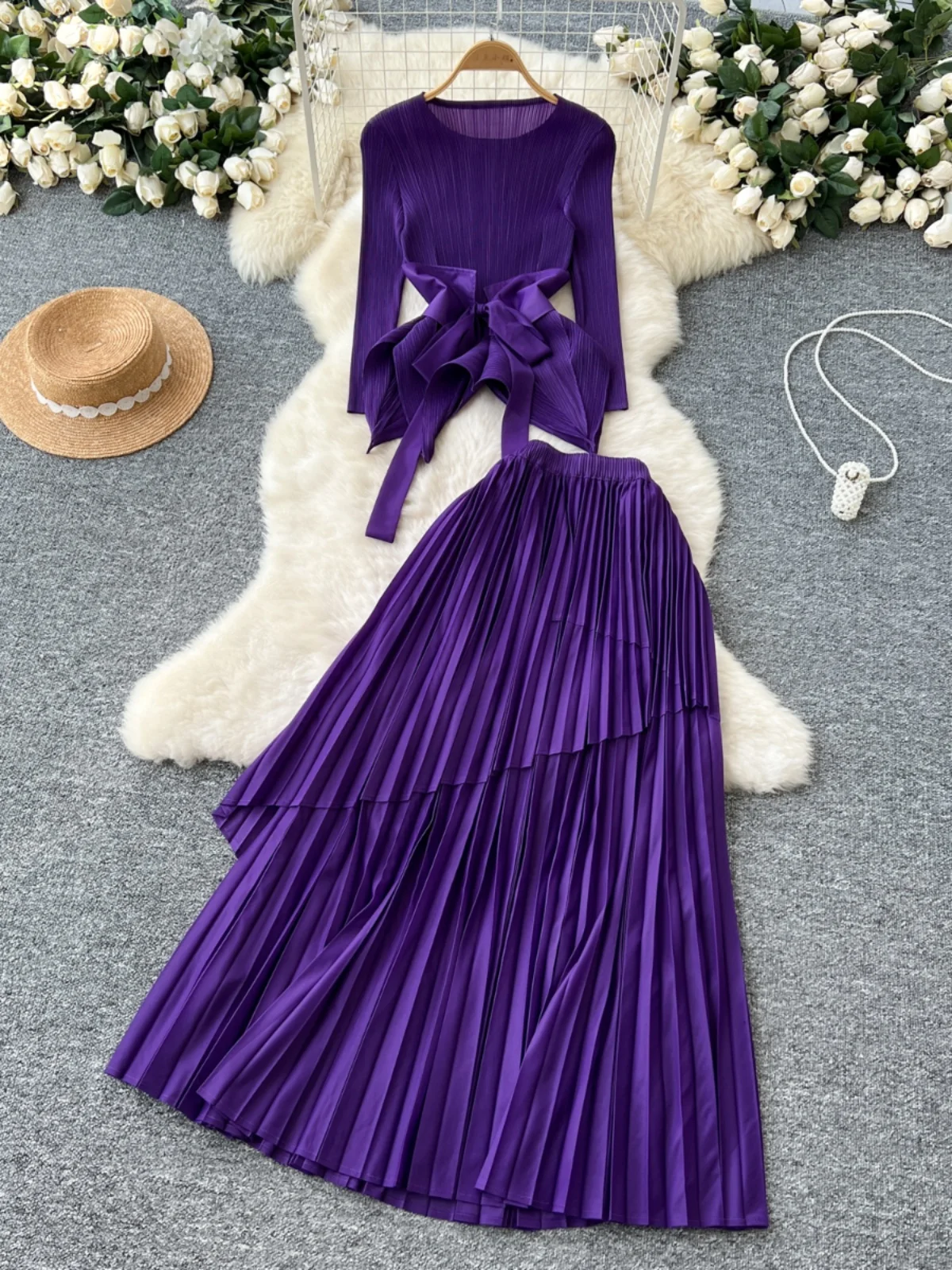 Design Sense Sash Waist A-Line Midi Skirt Set High Waist Pleated Half Body Skirt Ensemble Women's Fashion Summer Workwear