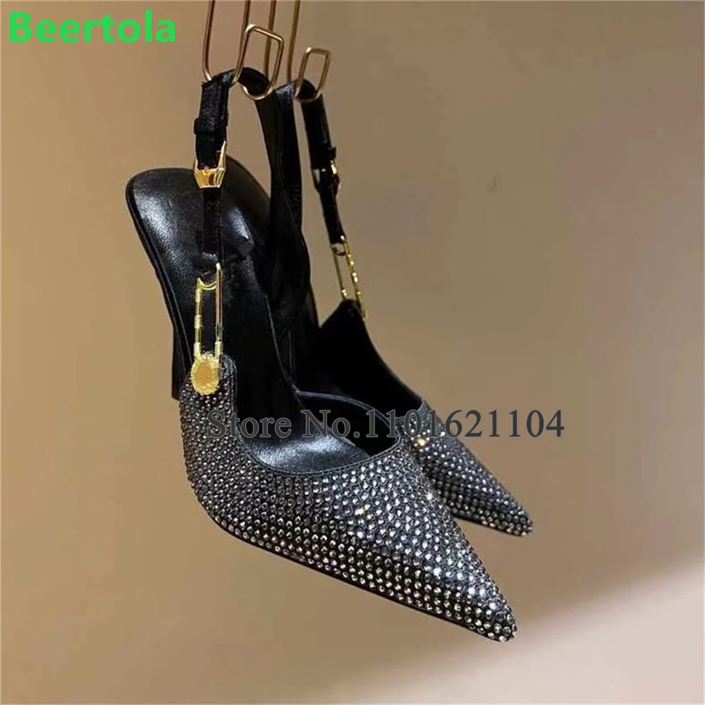 Szpiczaste Toe Crystal Luxury Design Pumps Dla Kobiet 2024 Nowy Cienki Wysoki Obcas Slingback Pasek Klamra Moda Eleganckie Buty