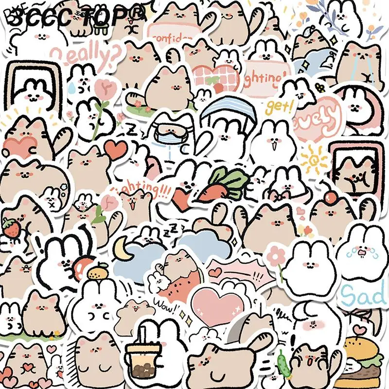 60Pcs Kawaii Cat Rabbit Cartoon Sticker Cute Animal Decals Kids Toys DIY Scrapbook Laptop Stationary Guitar Suitcase Car Sticker