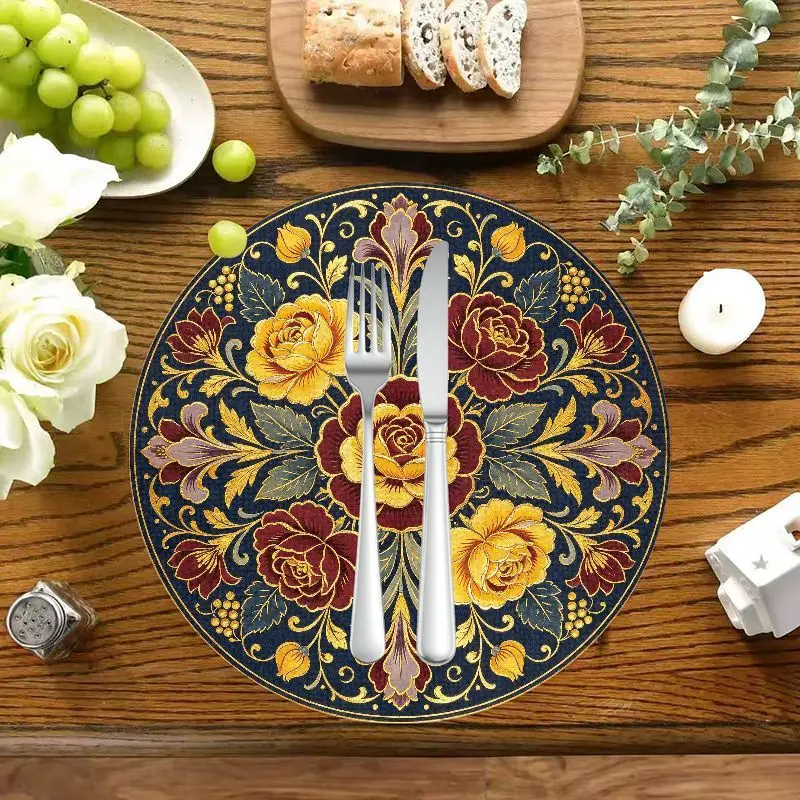 VIKAMA 2/4/6PCS Luxurious Vintage Floral Round Placemats Waterproof Oil Resistant Non Slip Washable Farmhouse Table Decor