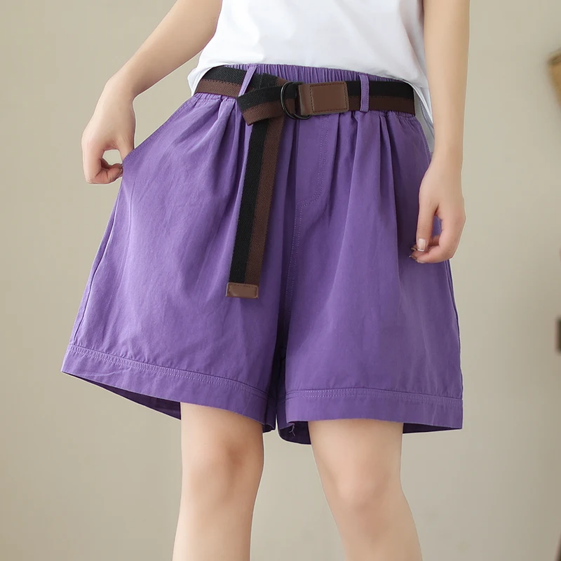 Loose Wide Leg Summer Shorts For Women Casual Big Size Bermuda Feminina Belt Elastic Waist Short Femme Pants Black Purple Green