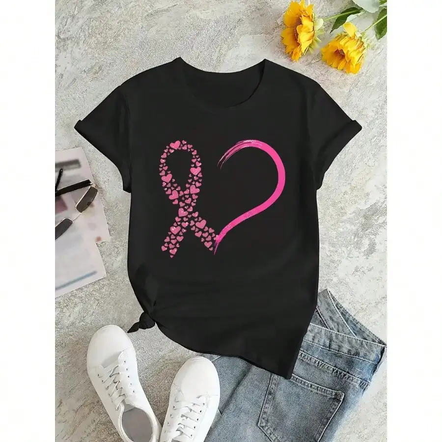 Camiseta feminina casual para conscientização do câncer de mama – estampa geométrica de coração rosa, blusa elástica macia de manga curta com gola redonda