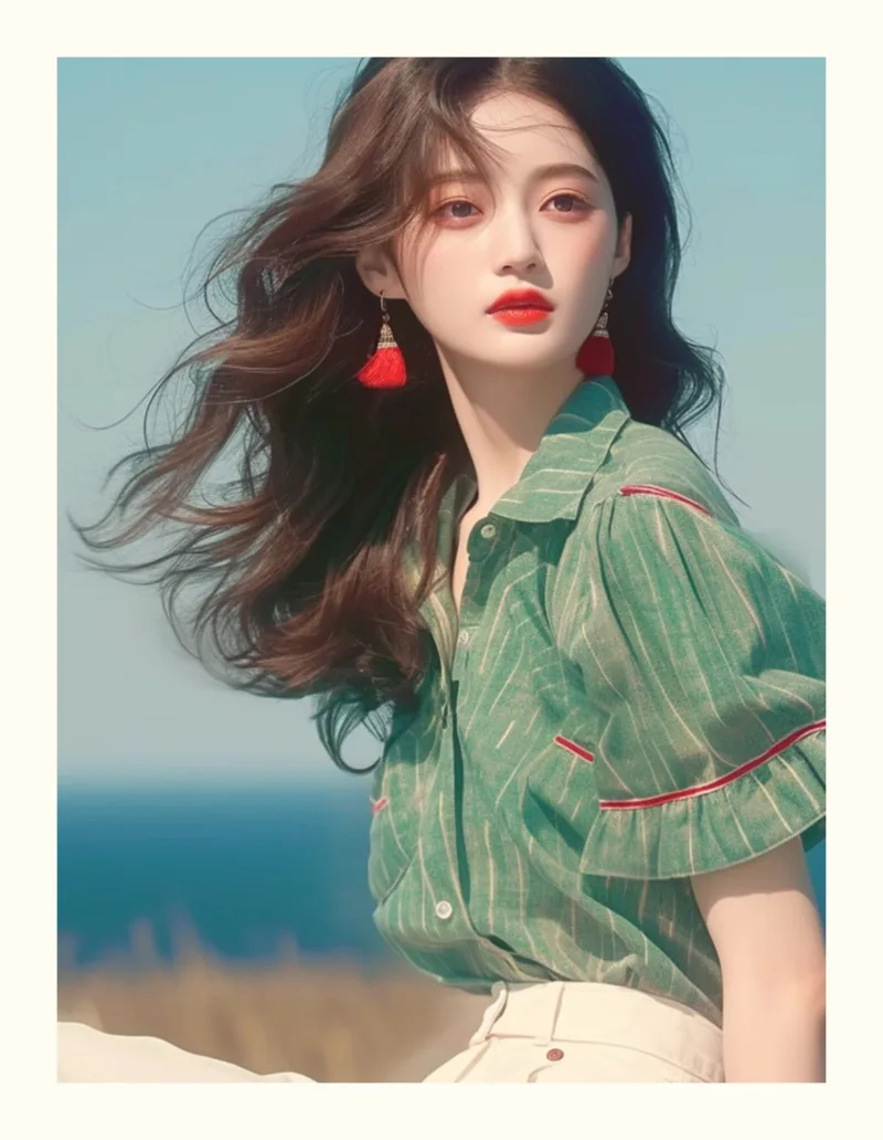 Chemisiers Vintage pour femmes, chemises à rayures coréennes, mode ample, vêtements à volants, vert, manches courtes, hauts pour femmes, printemps/été