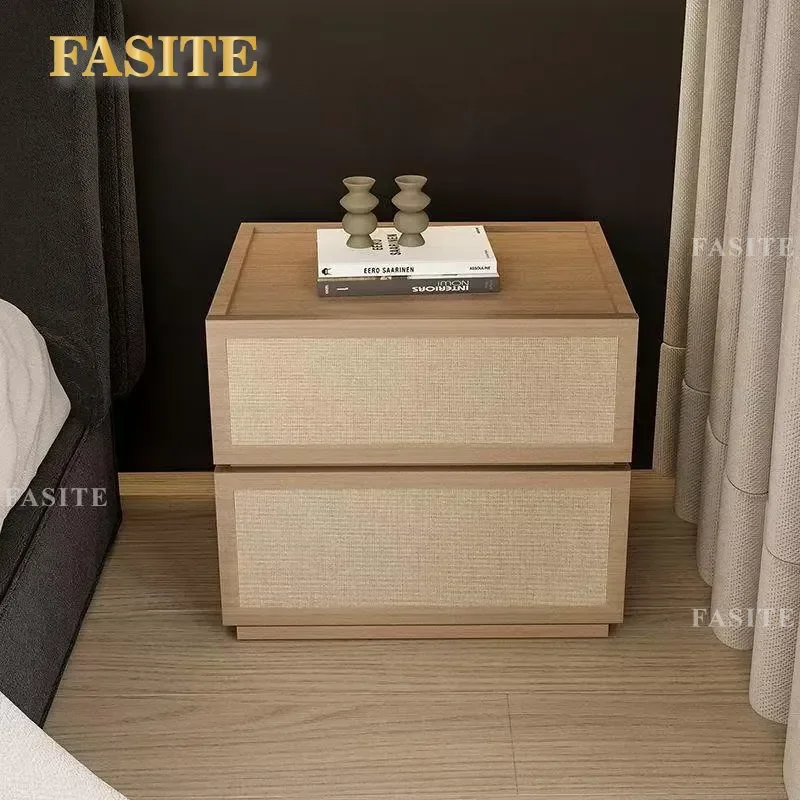 For Nordic Solid Wood Bedside Table Japanese Log Style Simple Senior Bedroom Household Linen Rattan Nightstand Storage