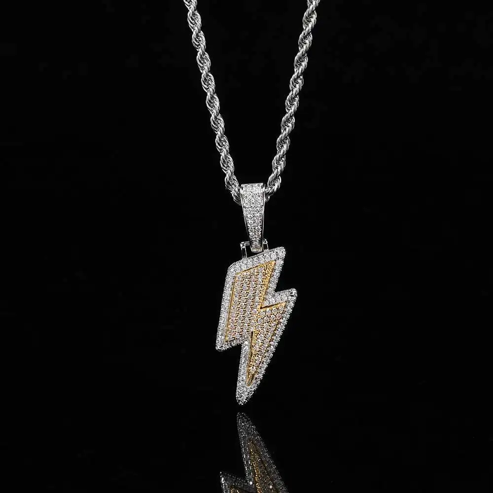 

Hip Hop Necklace Full White CZ Zircon Lightning Pendants Necklace for Men Women's Iced Out Chain Neck Fashion Jewelry Wholesale