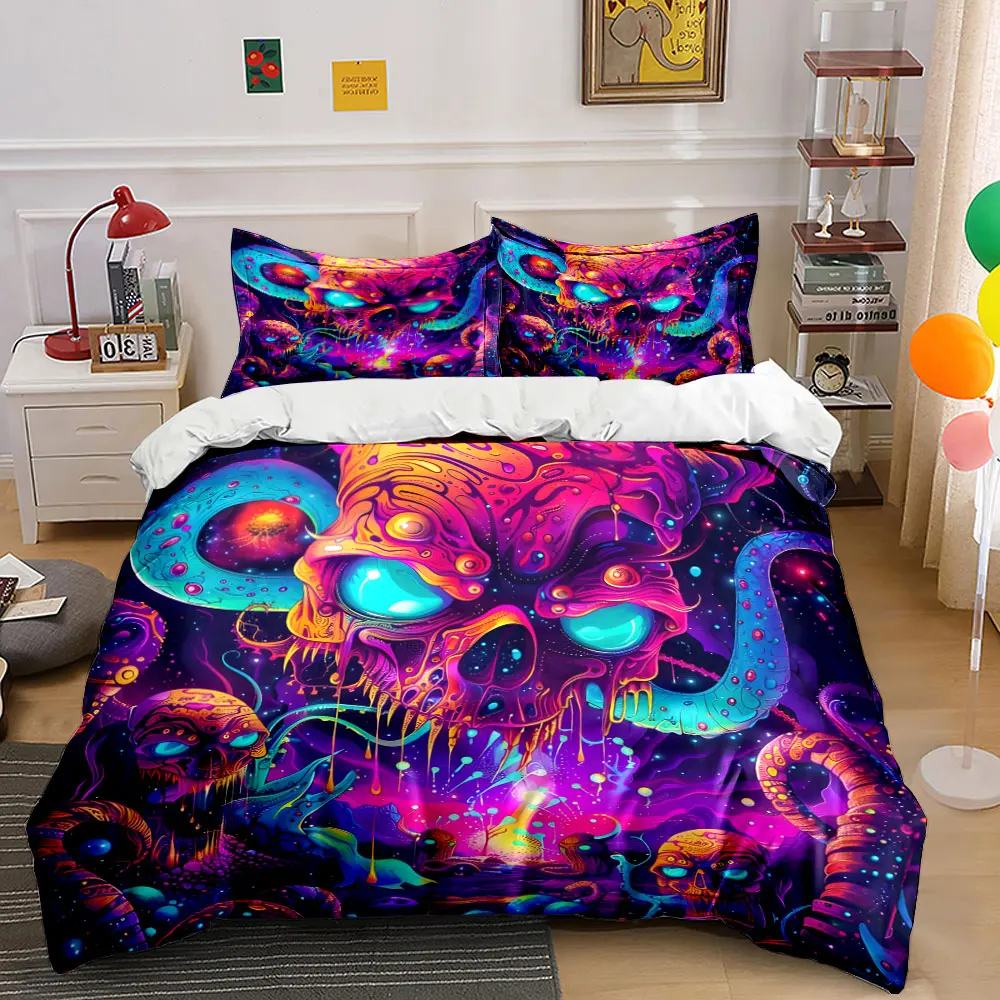 Surreal Neon Skull Fantasy Scene Print Bedding Set 1 Duvet Cover 2 Pillowcases for Adult and Children Luxury Gift Full Size