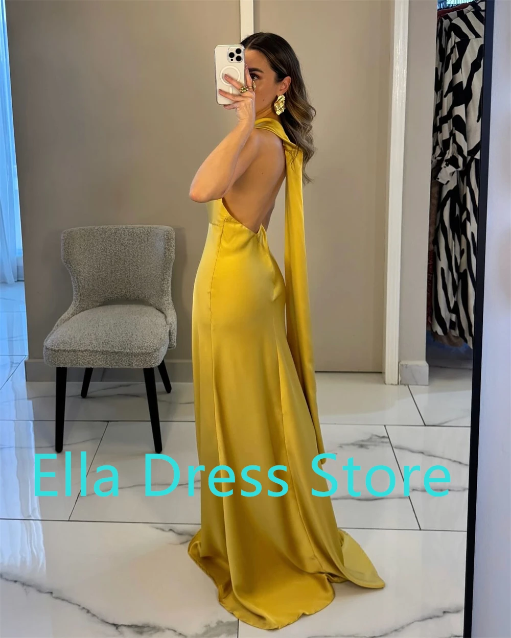 Customized Delicate Mermaid Halter Backless Evening Dresses Temperament Satin Pleats Yellow Vestido De Festa Vestido De Noche