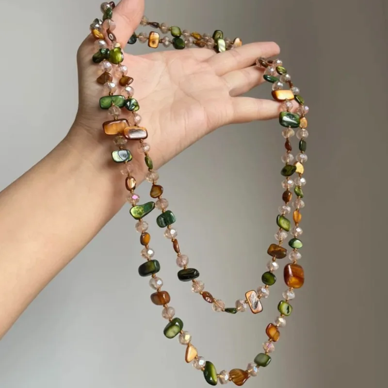 120cm Colorful Irregular Beaded Long Necklace, Coated Reflective Glass Beads, Bohemian Vintage Chunky Costume Jewelry for Women