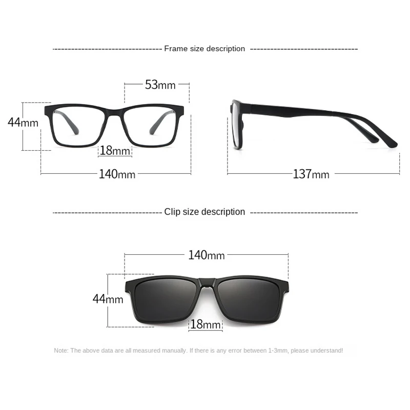 VCKA 6 In 1 Polarized Myopia Sunglasses Men Women Magnetic Clip On Glasses TR90 Optical Prescription Eyeglass Frame -0.5 to-10