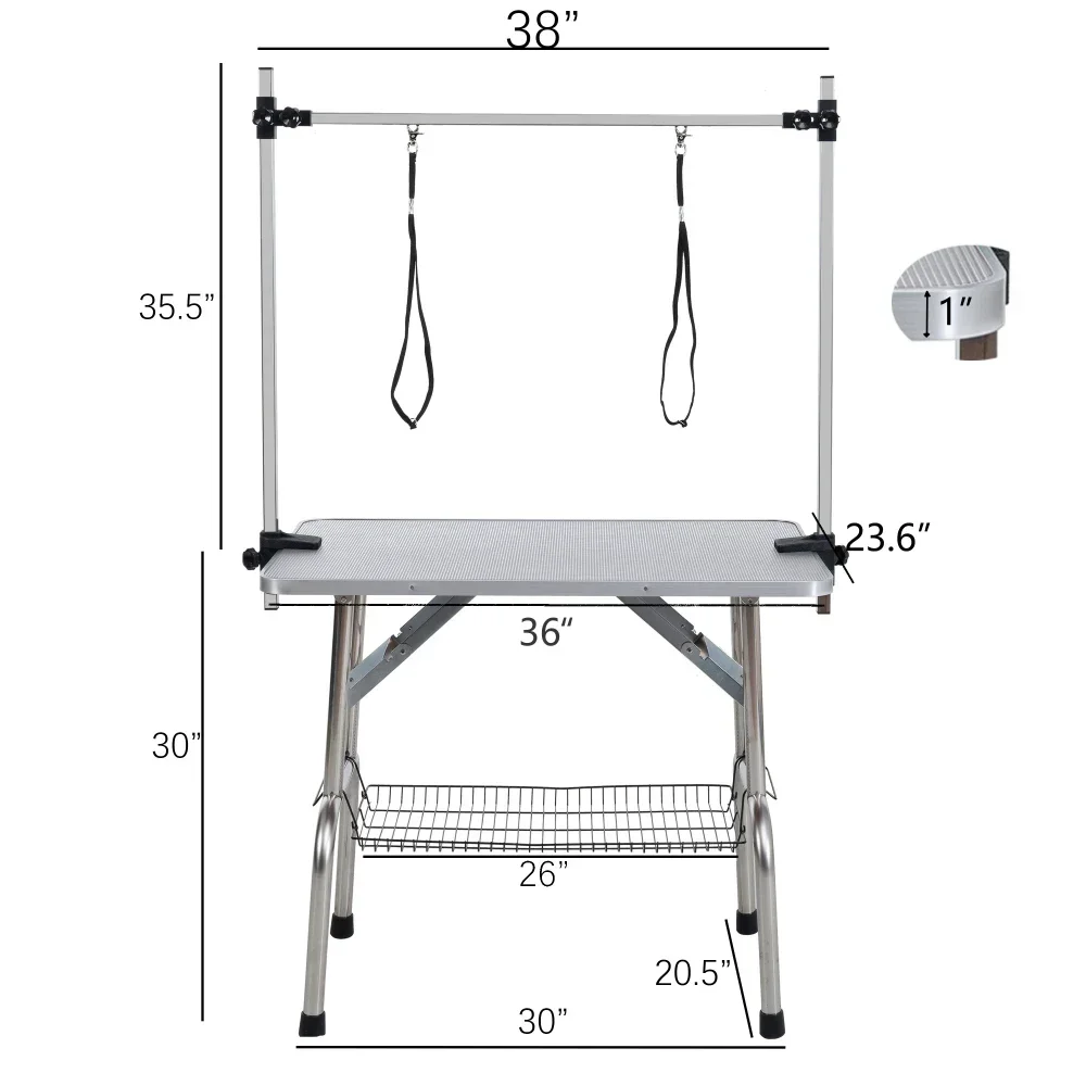 Folding Dog Pet Grooming Table Stainless Steel Frame Rubber Mat on Board, Adjustable Arm and Clamps pet dog Cat Grooming Table