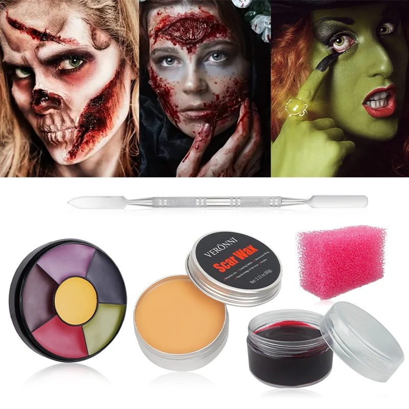 SFX Makeup Kit Face Body Paint Halloween Special Effects Stage Wound Skin Scars Wax with Spatula Stipple Sponge Fake Special