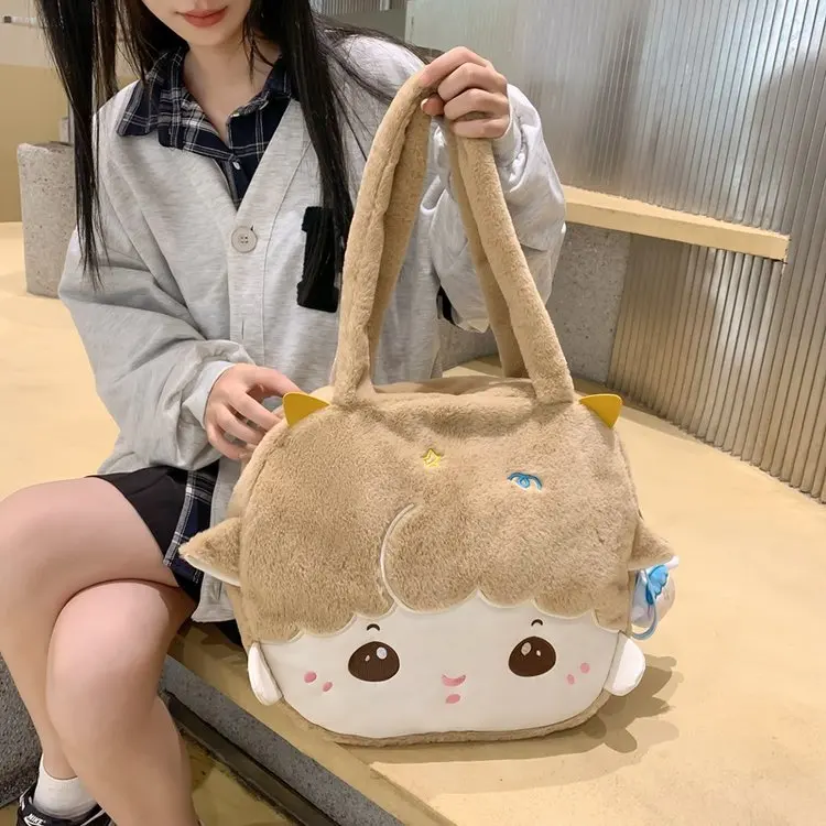 Japanese Kawaii Shoulder Bag Women Plush Lamb Embroidery Handbags and Purses Lovely Soft Hair Tote Bag JK Bag Girls Bolso Mujer