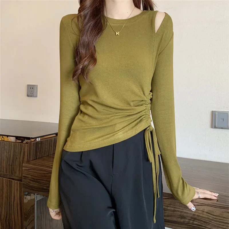 Stylish Inner Women's Long Sleeve T-Shirt Off-The-Shoulder Drawstring Top Design Sensibility Tight Fit Autumn New Arrival