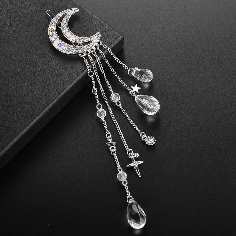 Halbmond- und Stern-Haarspange mit Quaste für Damen, Strass- und Kristallmond- und Stern-Seitenklammer im Girly-Stil – Detail 7