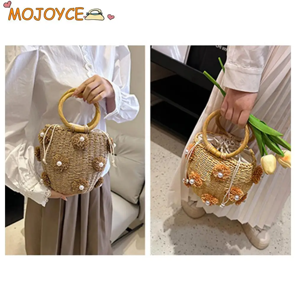 

Women Straw Tote Handbag with Pearls Straw Bucket Bag Bohemia Bucket Handbag Summer Holiday Beach Bag