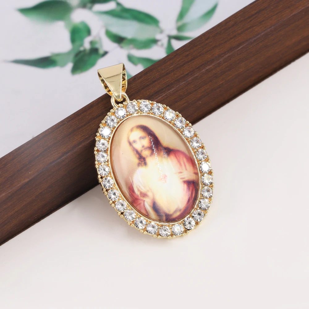 Luck Fashion Gold Jewelry Faith Virgin Mary Jesus Pendant Photo Memory Blessing Oval Christian Hip Hop Prayer Pendant