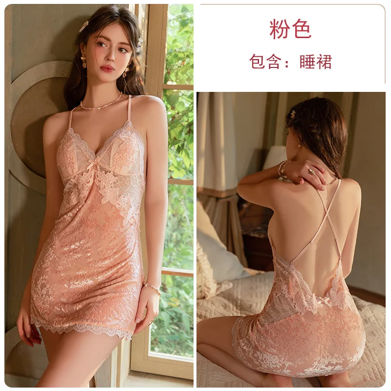 Sweet Embroidered Lace with Chest Cushion Deep V Temptation Plush Strap Sleeping Skirt Outer Robe Home Clothes Set