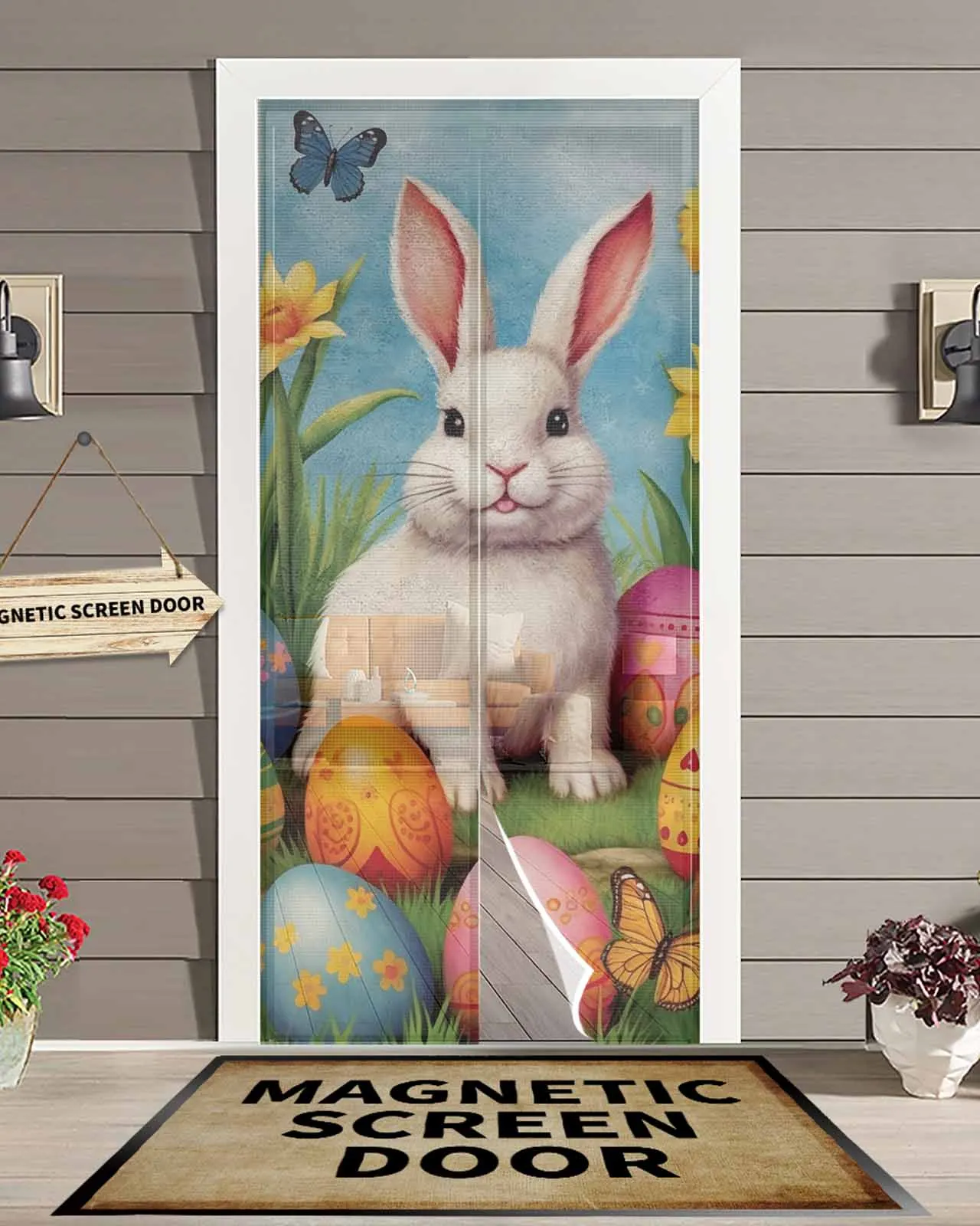 Easter Eggs Bunny Watercolor Flowers Summer Magnetic Door Curtain Living Room Bedroom Home Anti-mosquito Screen Door Curtain