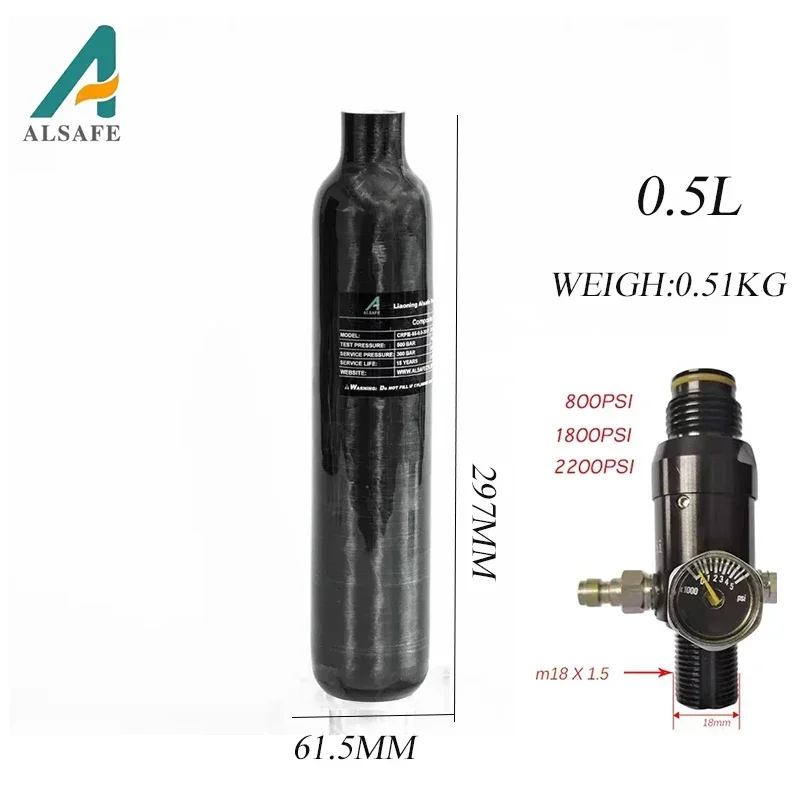 Alsafe 0.5L 4500Psi 300Bar  Carbon Fiber Cylinder Air Tank HPA Fill Station Charging Valve Regulator FX M18*1.5