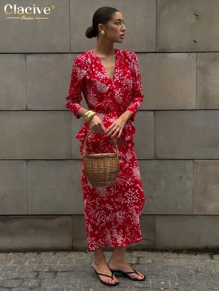 

Clacive Fashion Loose Print Skirt Set 2 Piece Woman 2025 Elegant Long Sleeve Shirt With High Waist Long Skirt Set Female Clothes