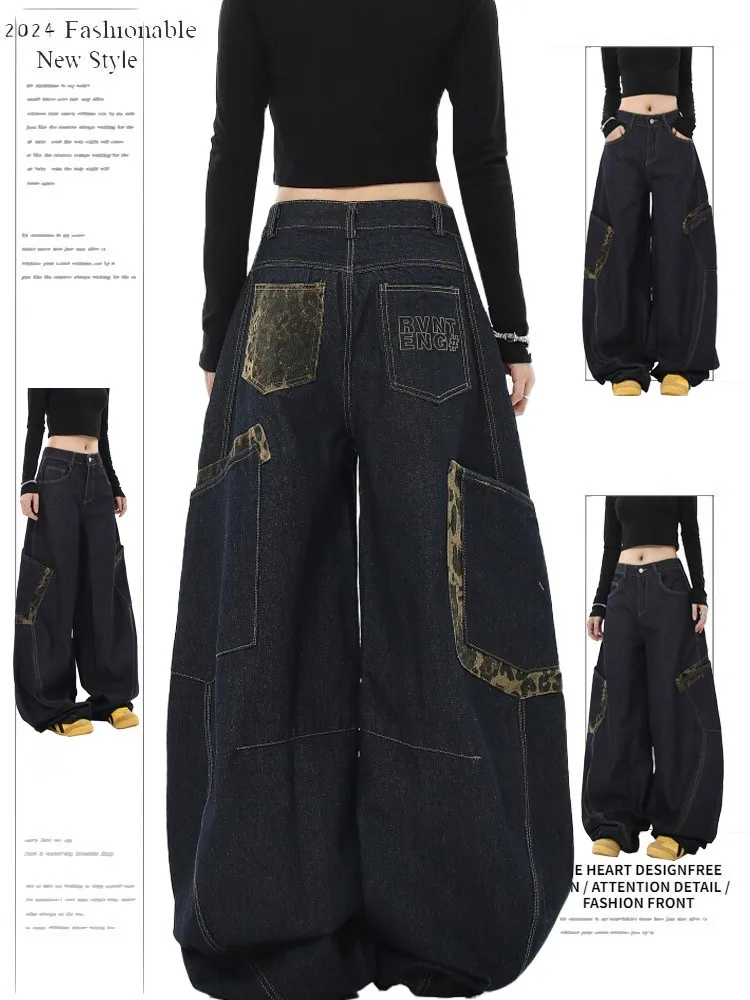 Amerikaanse retro luipaardprint patchwork wijde pijpen werkkleding denim broek dames lente nieuwe Sle hoge taille broek