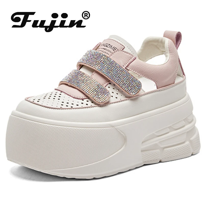 Fujin 7cm nuove donne in vera pelle mocassino gancio sandali piattaforma zeppa appartamenti estate Mary Jane Bling Designer comode scarpe di moda