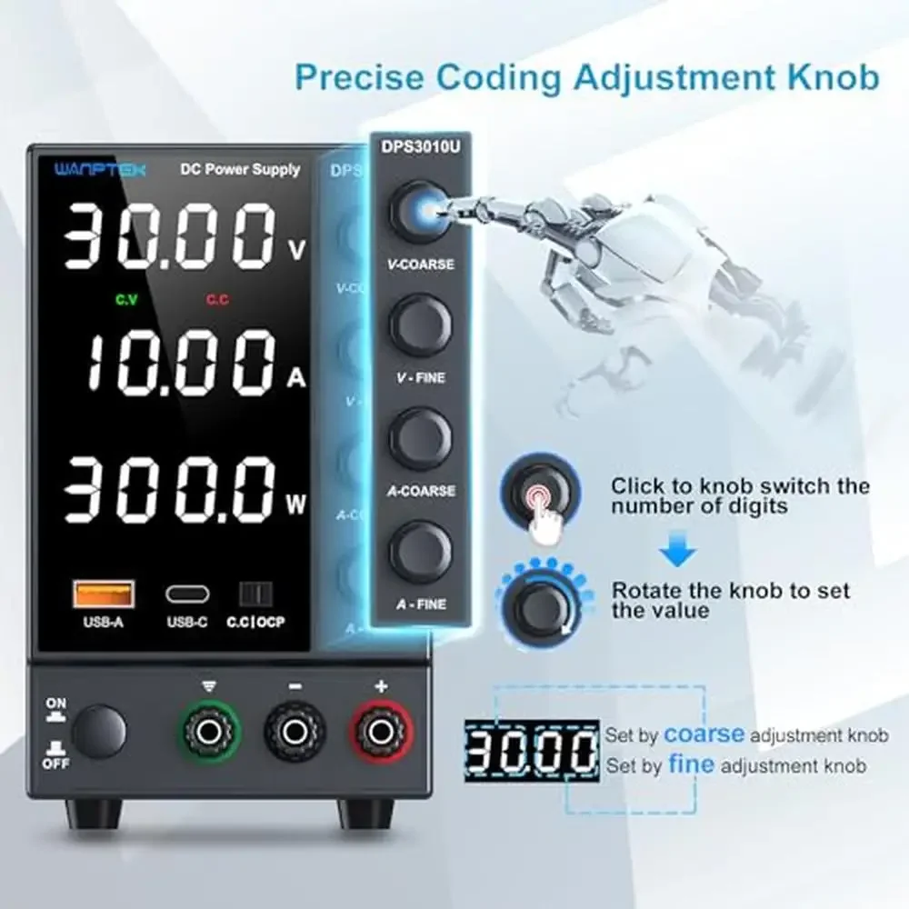 Adjustable Encoder Knob DC Bench Power Supply with USB Type-C Fast Charge Short Circuit Alert & Temperature Control Laboratory