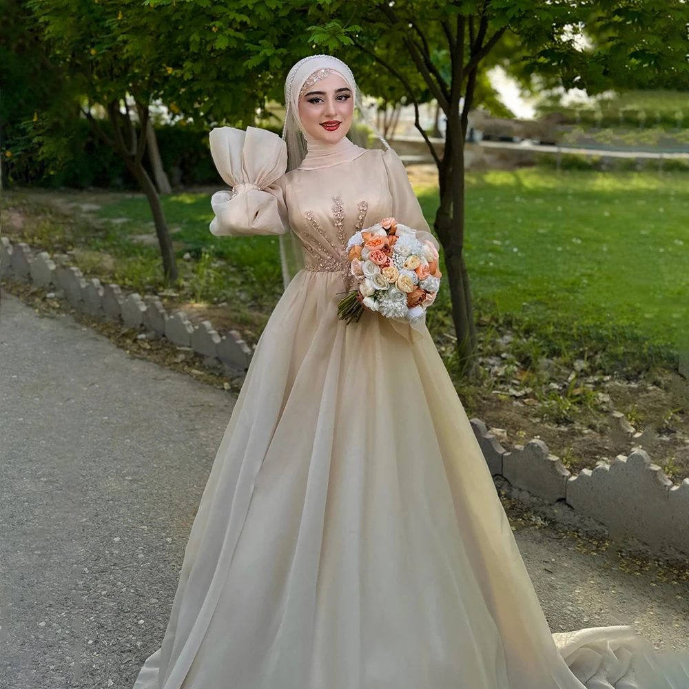 

Muslim Wedding Dresses Hijab High Neck Long Flare Sleeve A-Line Brides Dress with Beading Organza Women Bridal Gown Customized