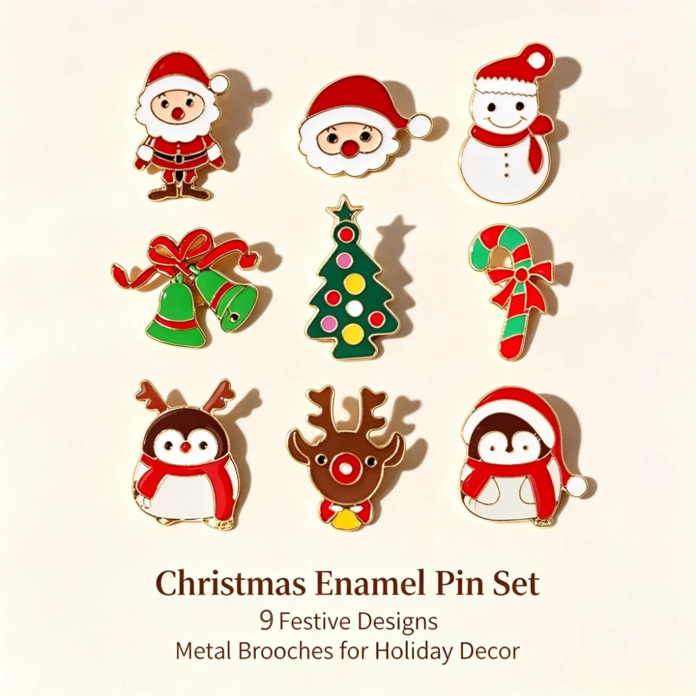9Pcs Christmas Enamel Lapel Pins Set, Cute Santa Snowman Penguin Reindeer Bell Xmas Brooches for Clothing Backpack Holiday Gift